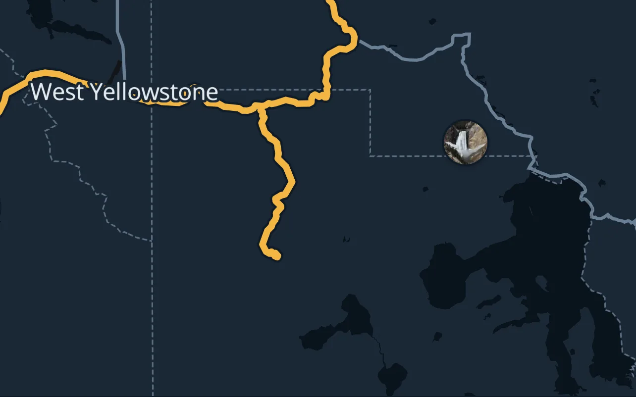 The real trip map around Yellowstone: the park's photo marker at its center and the route ending at Old Faithful West Parking