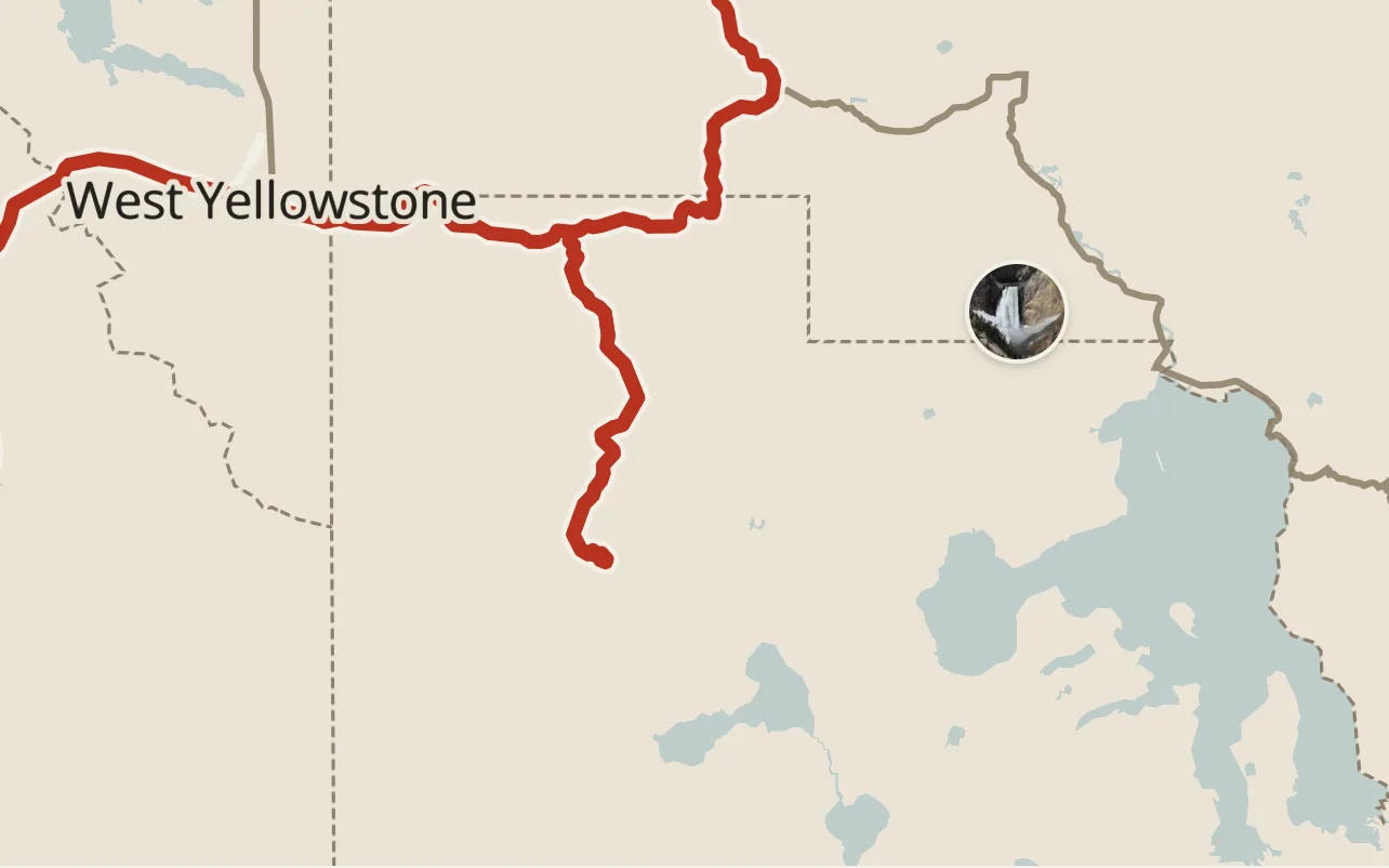 The real trip map around Yellowstone: the park's photo marker at its center and the route ending at Old Faithful West Parking