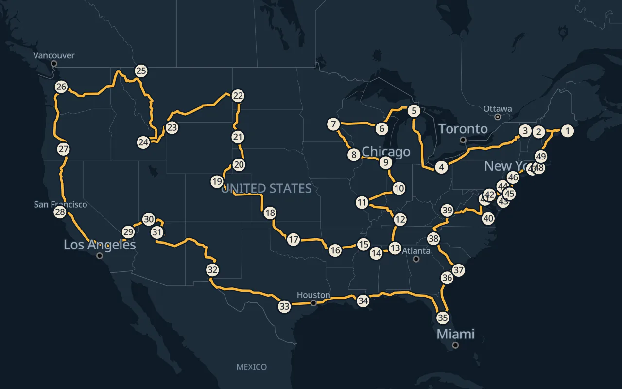 Map of the 2026 U.S. Landmarks route on the road network