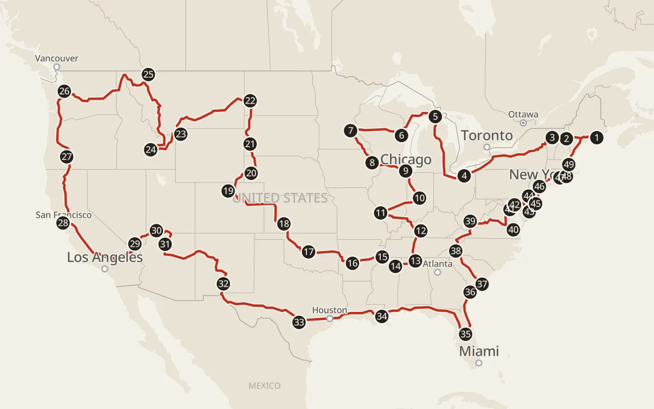Map of the 2026 U.S. Landmarks route on the road network