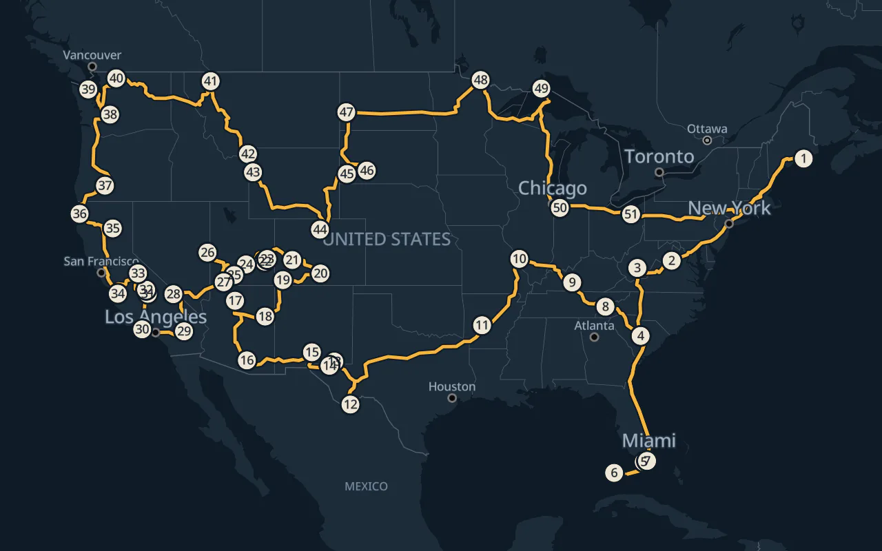 Map of the 2026 U.S. National Parks route on the road network