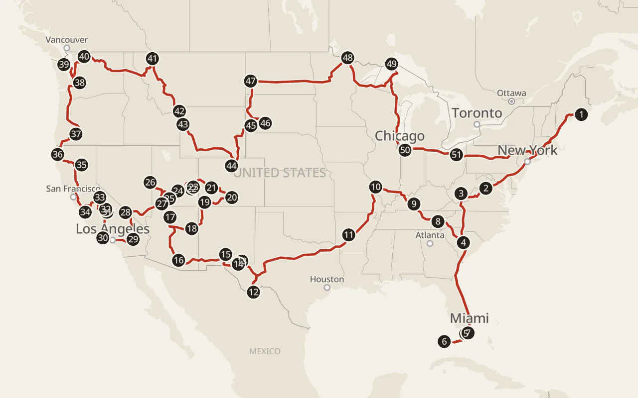Map of the 2026 U.S. National Parks route on the road network